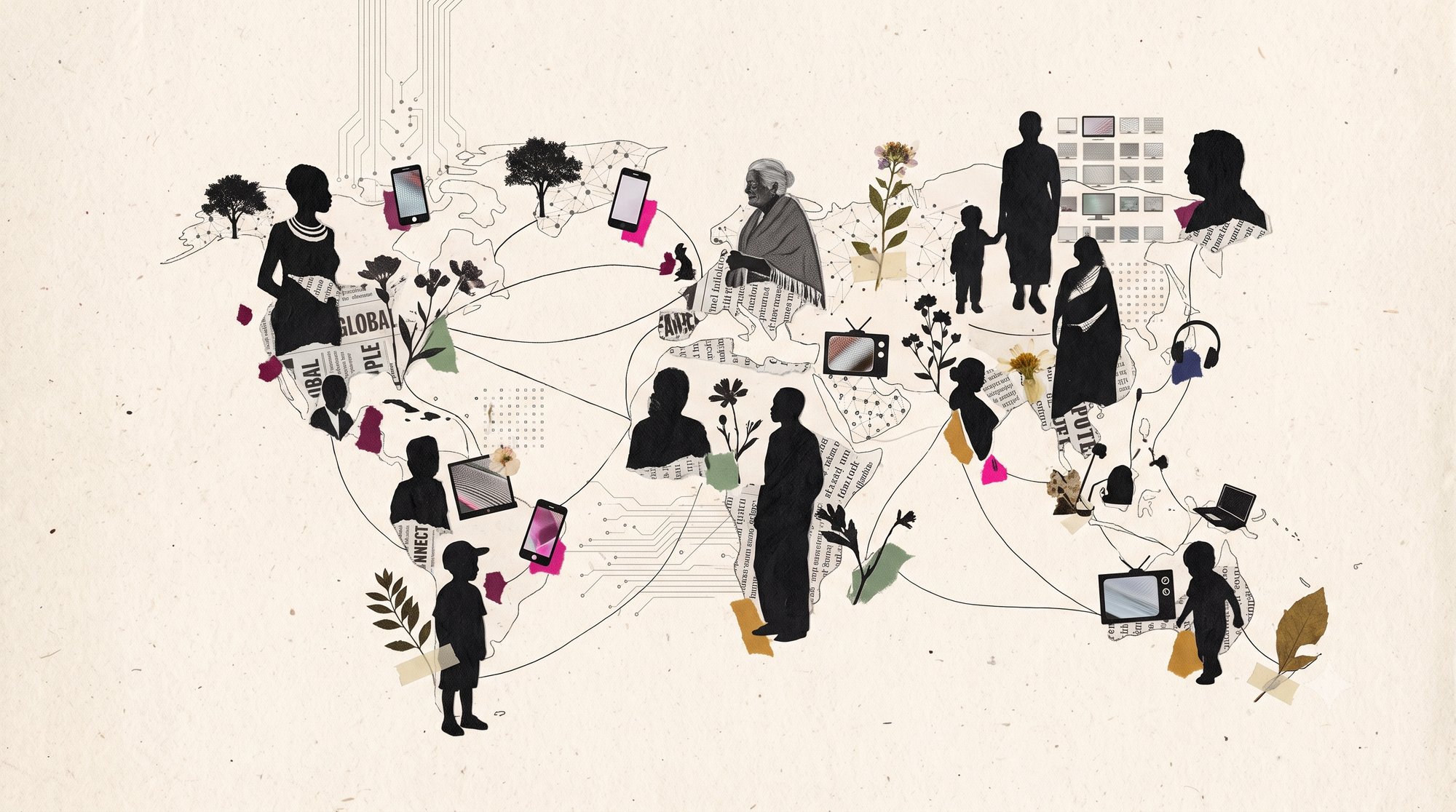 Personas de distintas culturas conectadas por líneas delgadas, entre tecnología y naturaleza