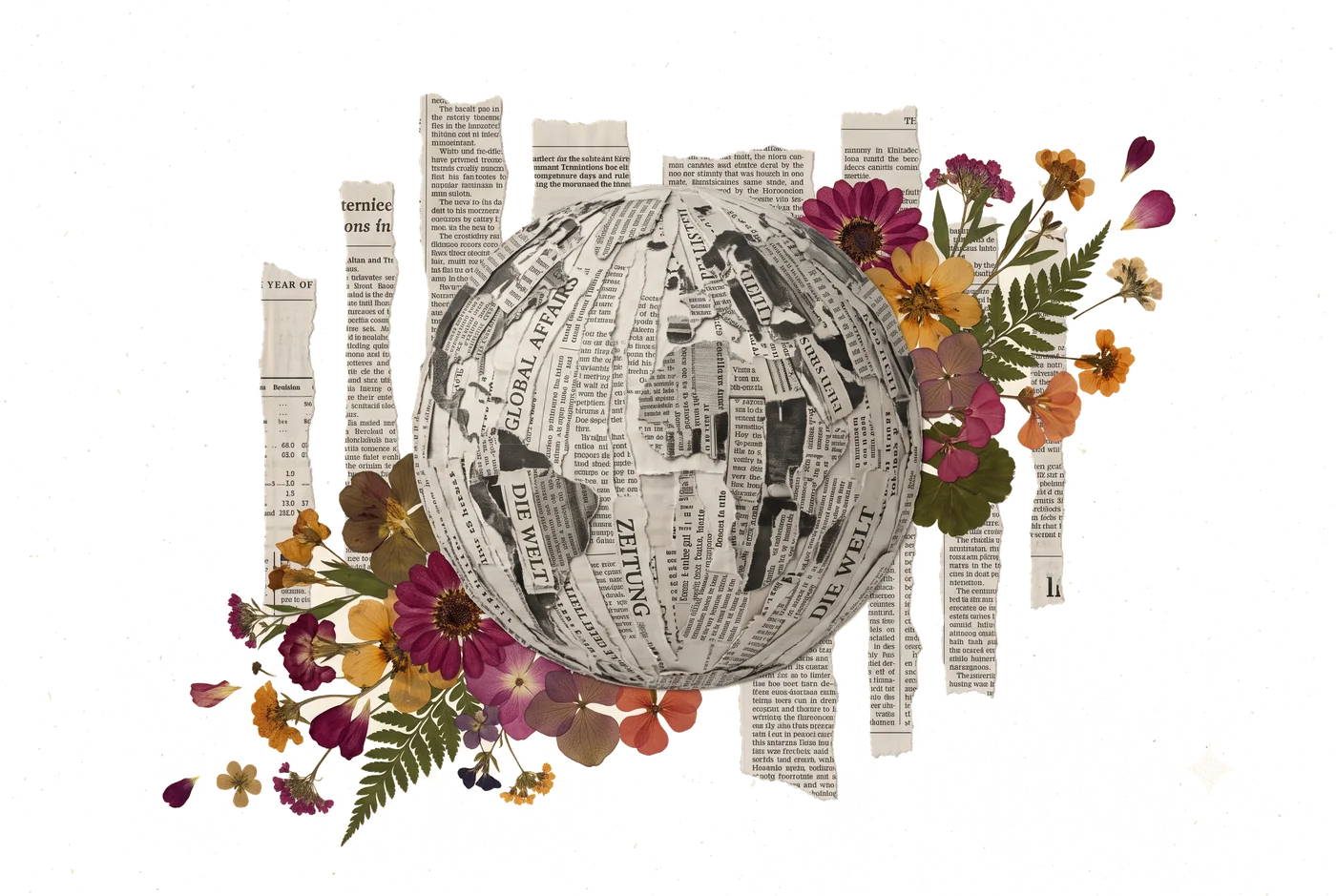 Un globo terráqueo hecho de recortes de periódico y flores