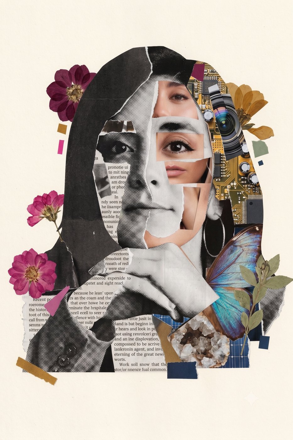 Retrato de Betty en collage de periódico y flores