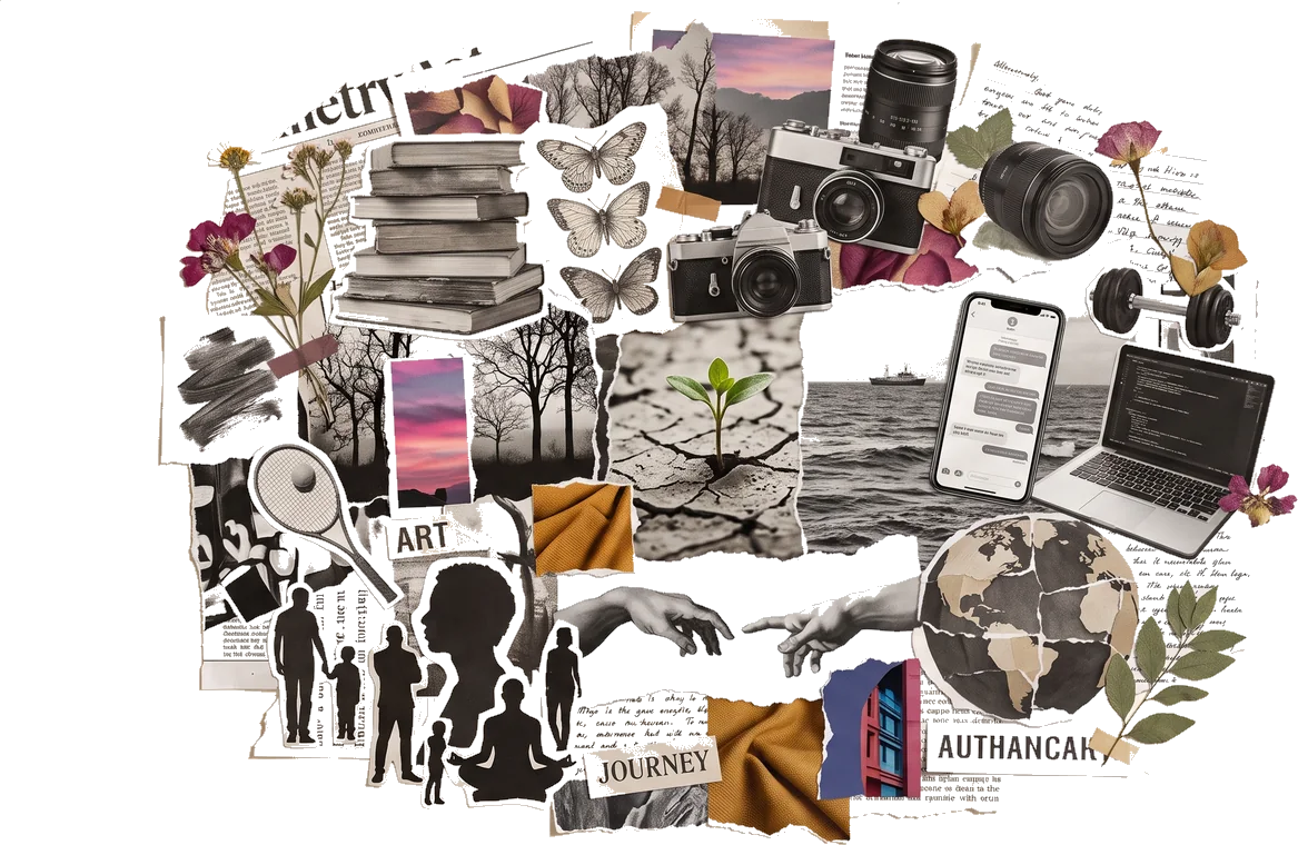Collage de los temas en los que trabaja Betty: libros, cámaras, un brote en tierra agrietada, el mar, un globo, tecnología, siluetas de personas, flores